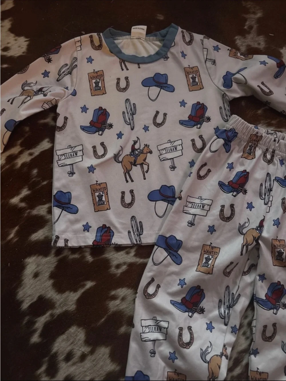 Trendy boutique Western Cowboy Print Pajama Set - Blue and Brown Accents